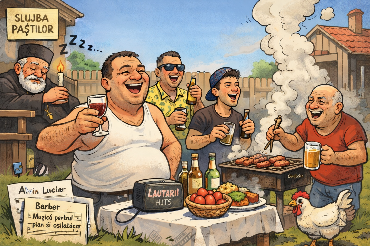 Bărbați la masă de Paște, la un șpriț, cu muzică lângă grătar