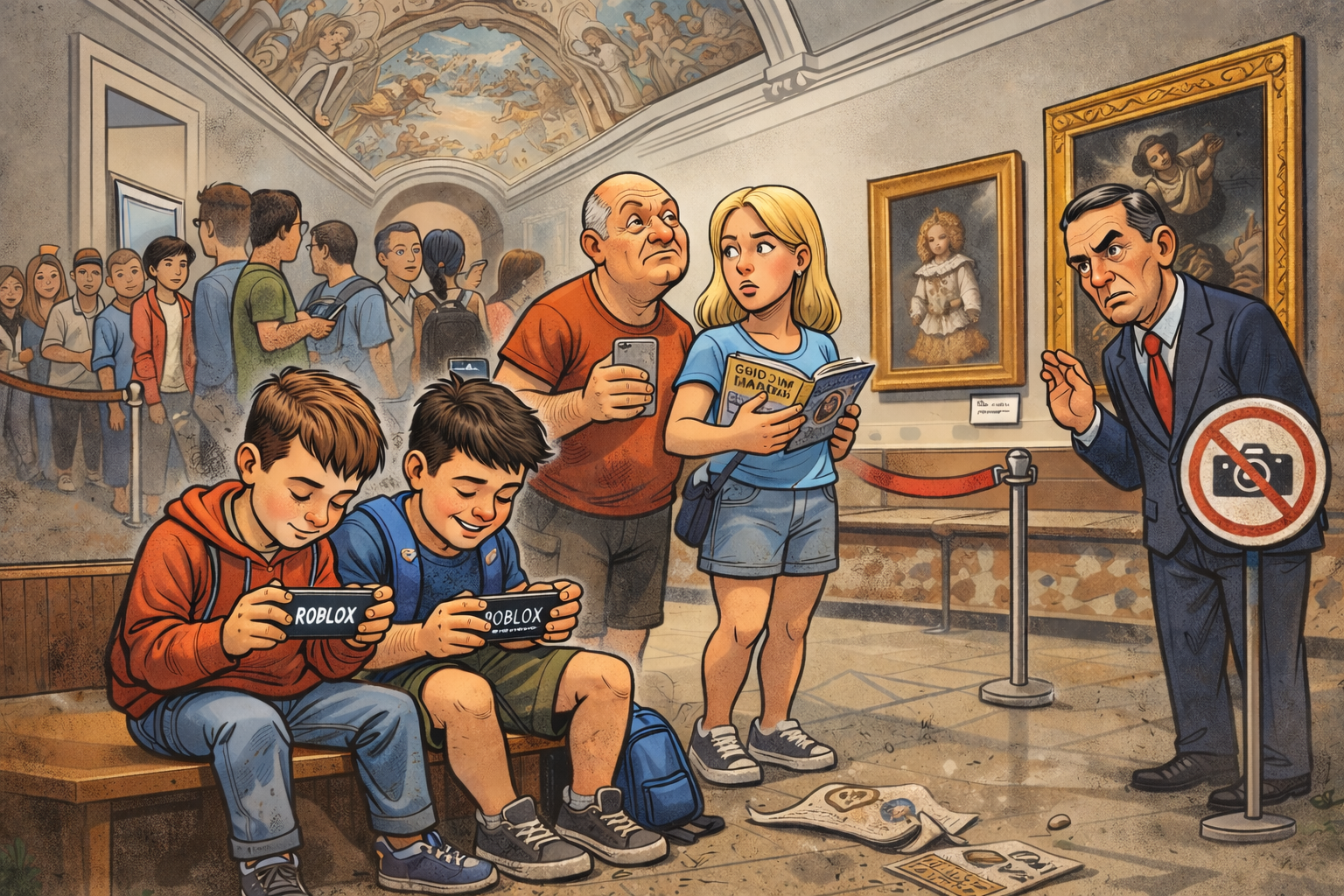 Copii plictisiți într-un muzeu, mai interesați de telefon și jocuri decât de tablouri