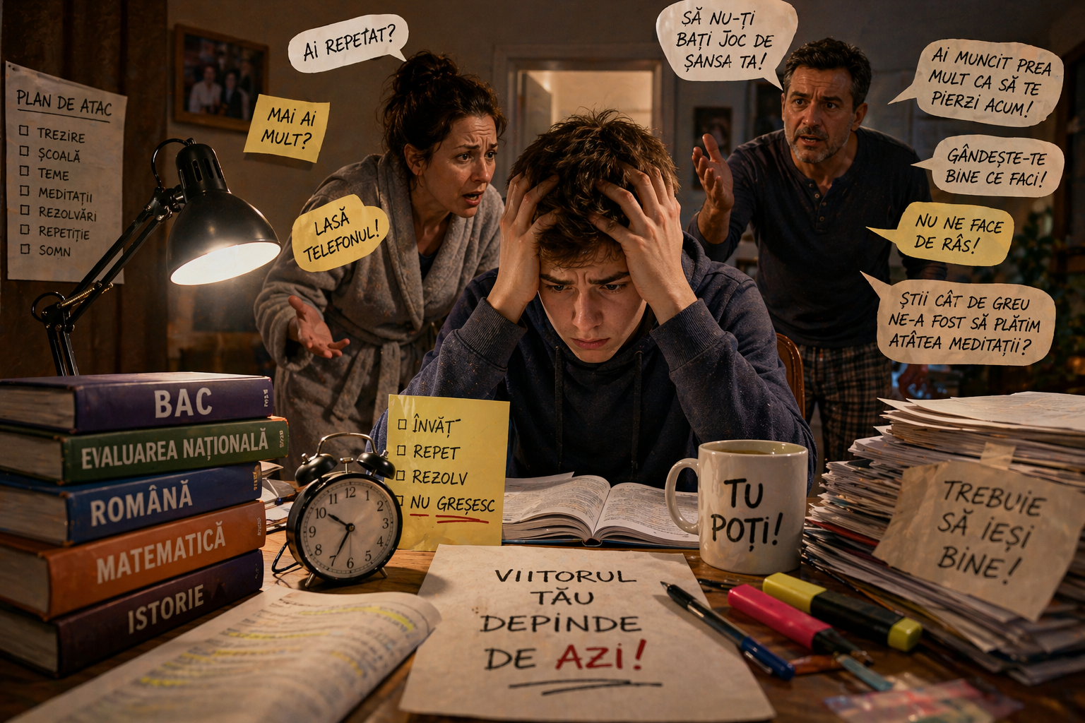 Copil copleșit de presiunea părinților înainte de examen, la birou, într-o casă tensionată.