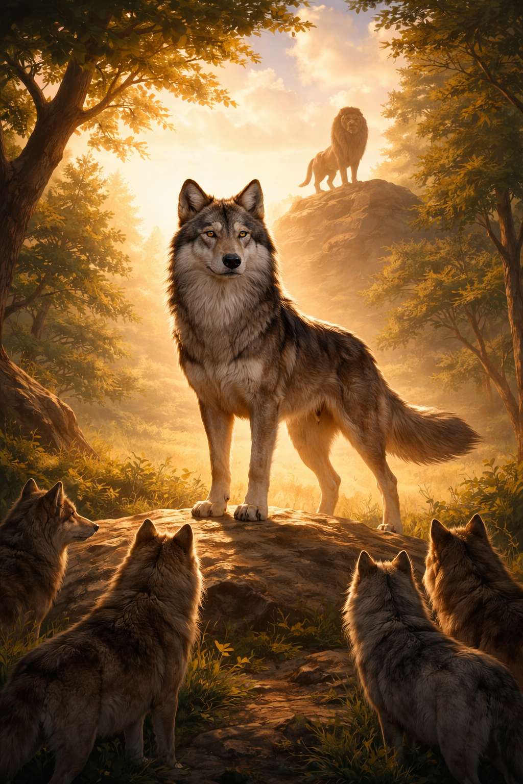 lup în lumină aurie, pe stâncă, înconjurat de haită