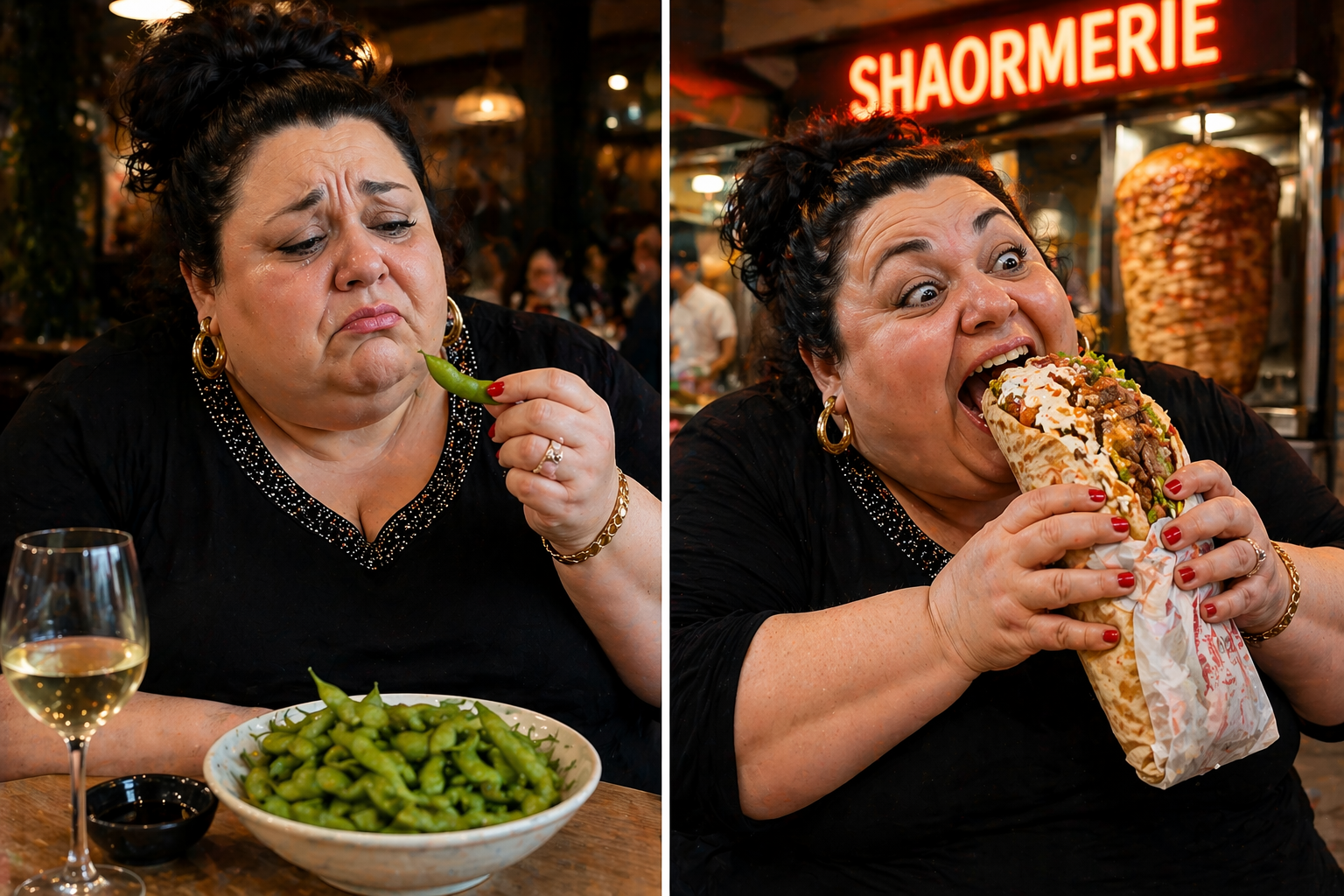 Femeie tristă mâncând edamame la restaurant, apoi fericită la shaormerie