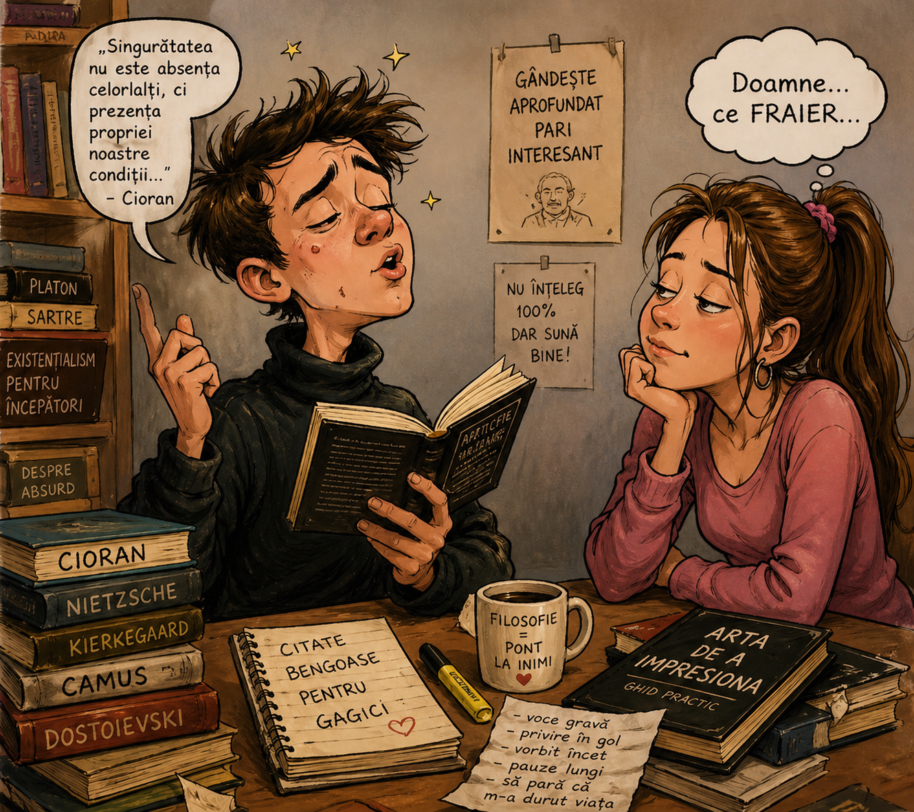 Caricatură cu un adolescent care încearcă să impresioneze o fată cu citate filozofice