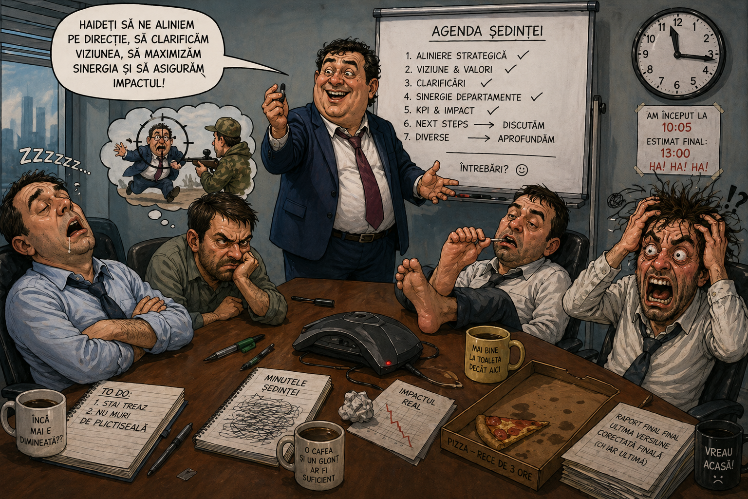 Caricatură cu un șef prost harnic într-o ședință lungă, în timp ce angajații sunt epuizați