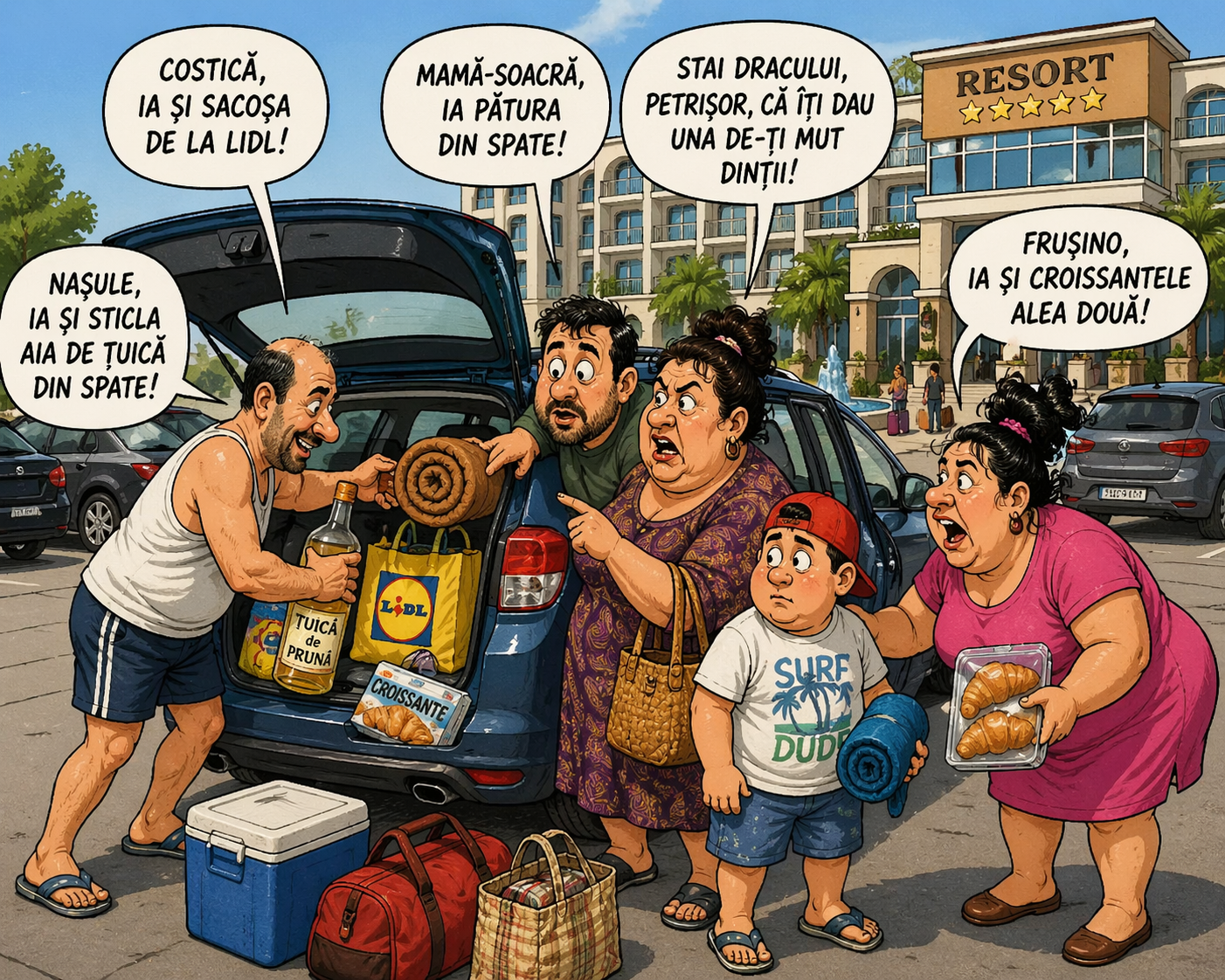 Caricatură cu familia care descarcă bagaje, sacoșe și țuică din mașină în parcarea resortului
