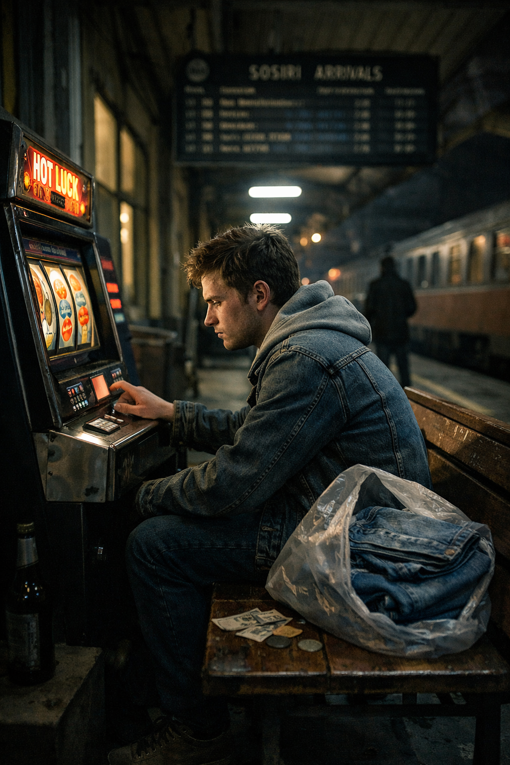 Tânăr într-o gară de provincie, noaptea, lângă un aparat de joc, cu o pungă în care se văd blugi.
