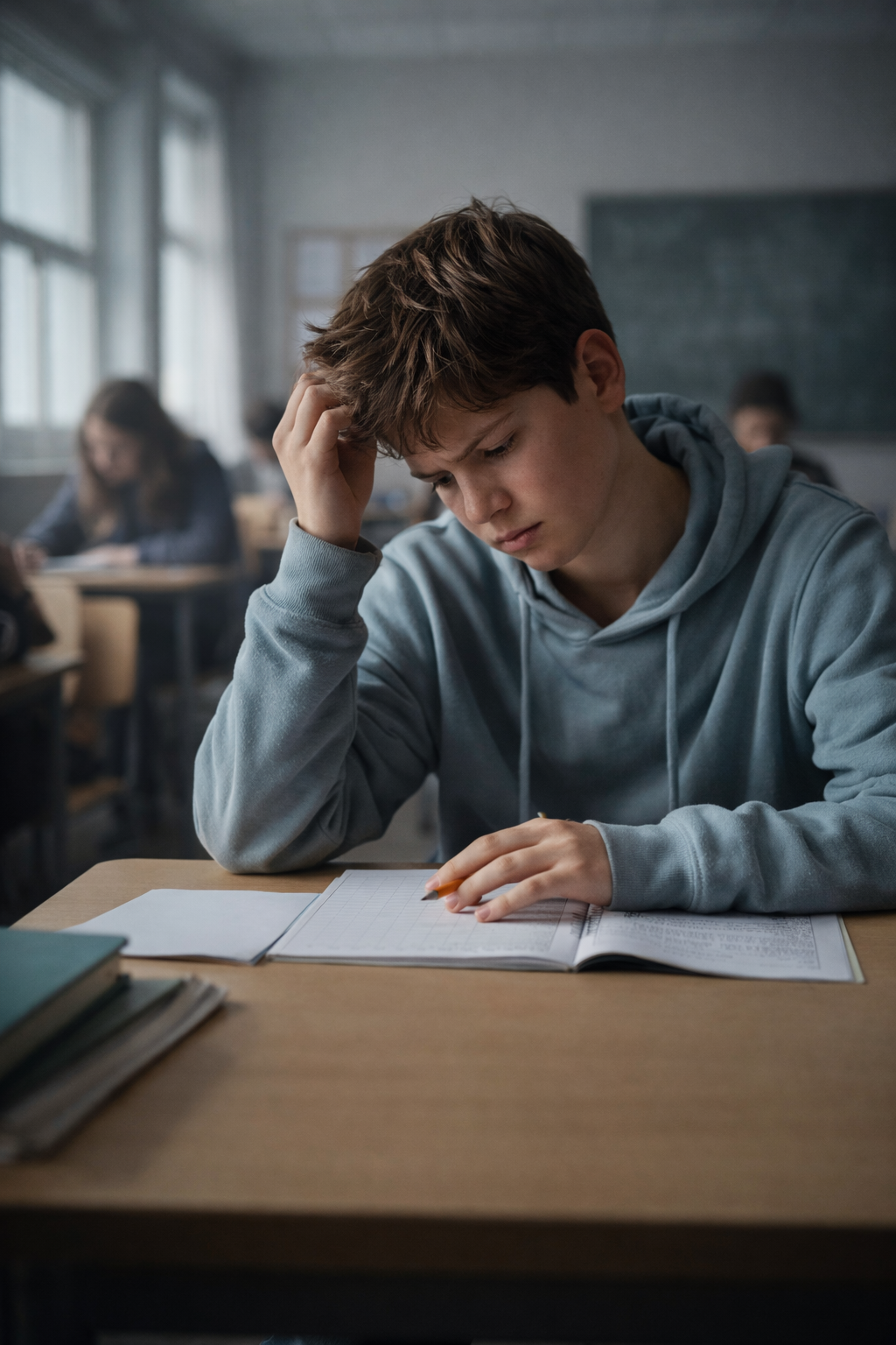 Copil singur în bancă, uitându-se la o foaie de test fără telefon sau laptop