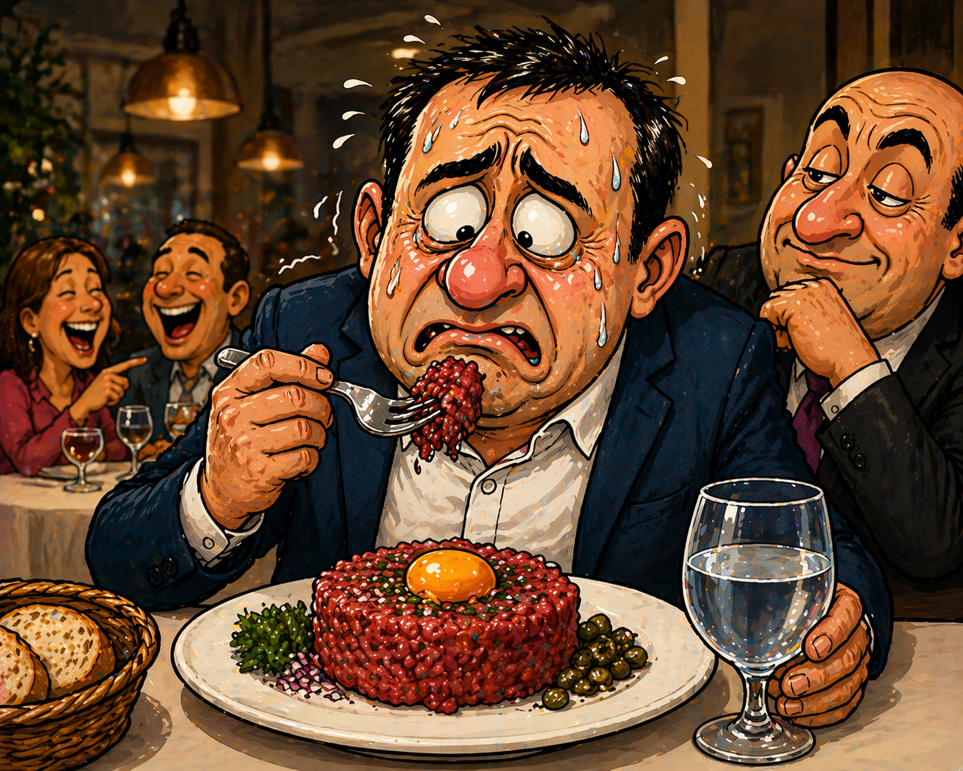 Bărbat trist, aproape în lacrimi, încercând să mănânce steak tartare la restaurant