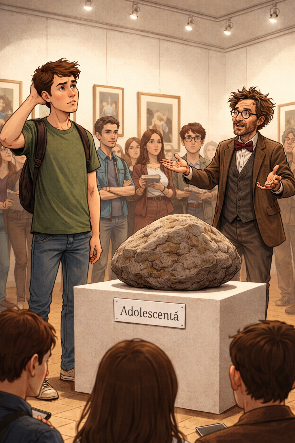 Pietroiul din muzeu și artistul care îl explică elevilor