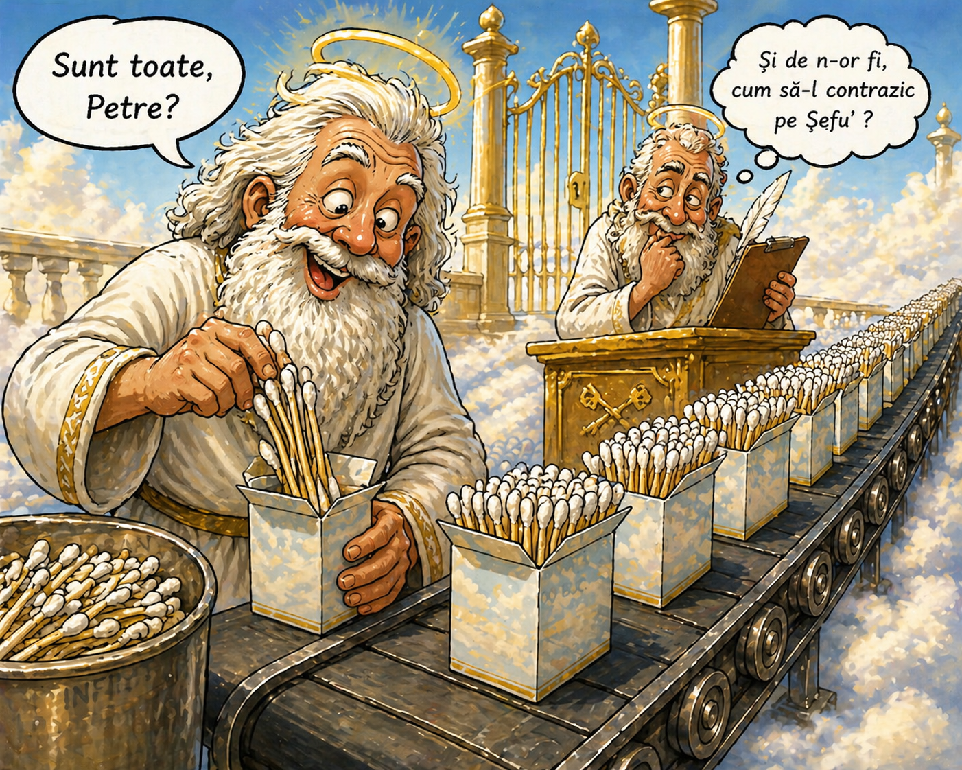 Caricatură cu Dumnezeu și Sfântul Petru verificând cutiuțe cu bețișoare
