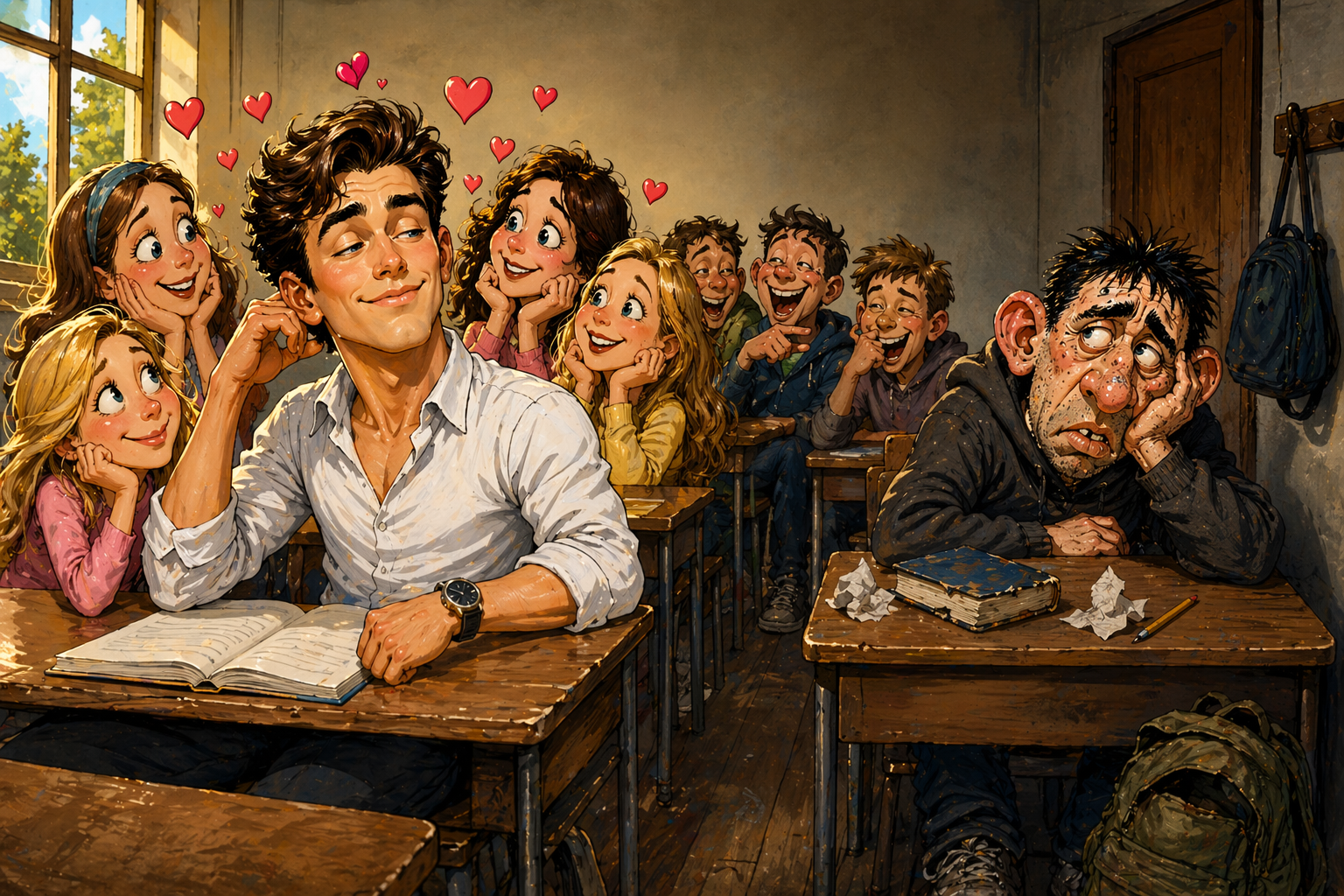 Caricatură cu băiatul frumos în prima bancă și celălalt izolat în clasă