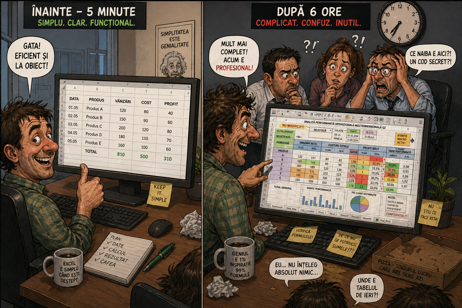 Caricatură cu un angajat care transformă un tabel simplu într-un haos de formule și culori