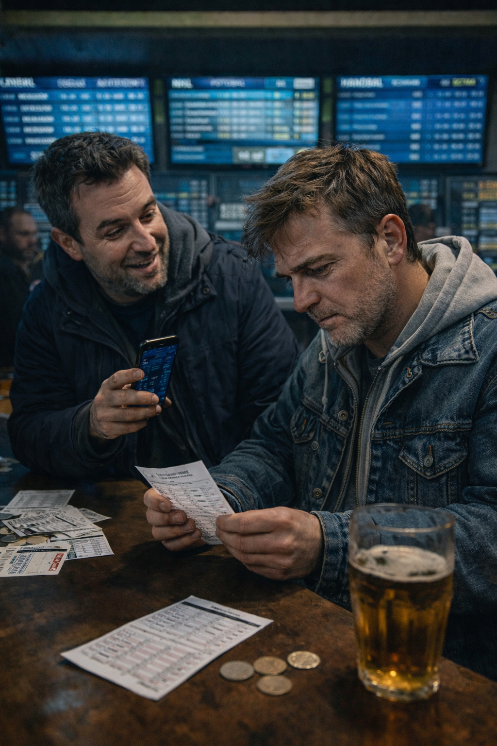 Doi bărbați maturi într-o agenție de pariuri, unul cu telefonul plin de statistici, celălalt cu un bilet în mână.