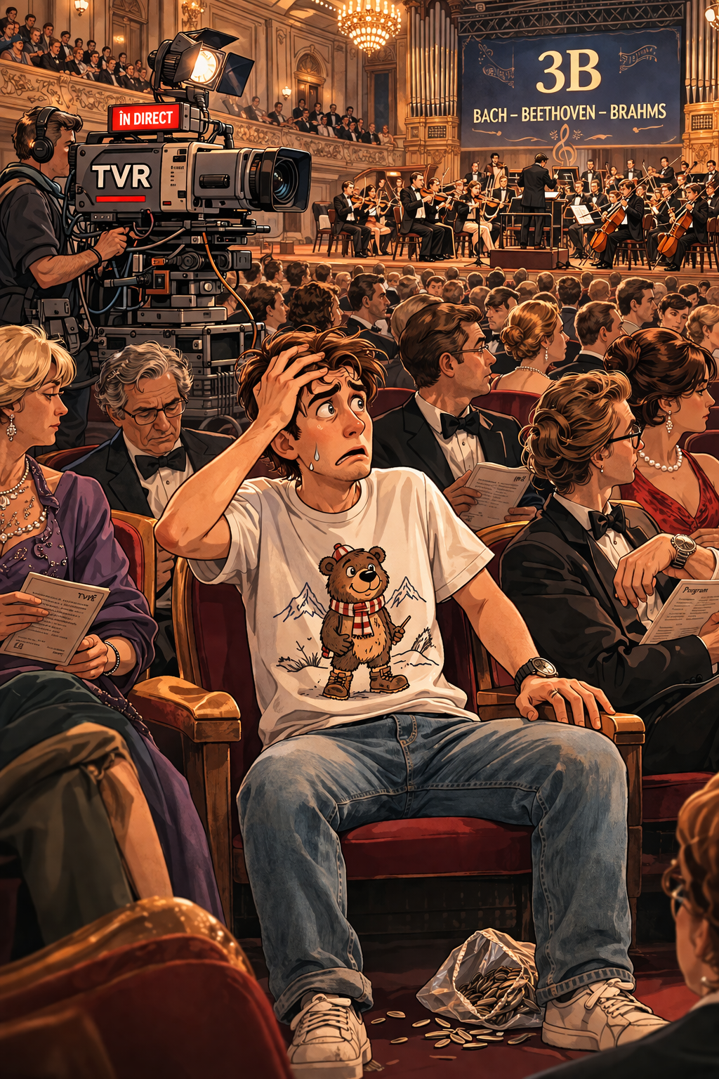 Sala filarmonicii, public elegant și personajul în tricou cu urs