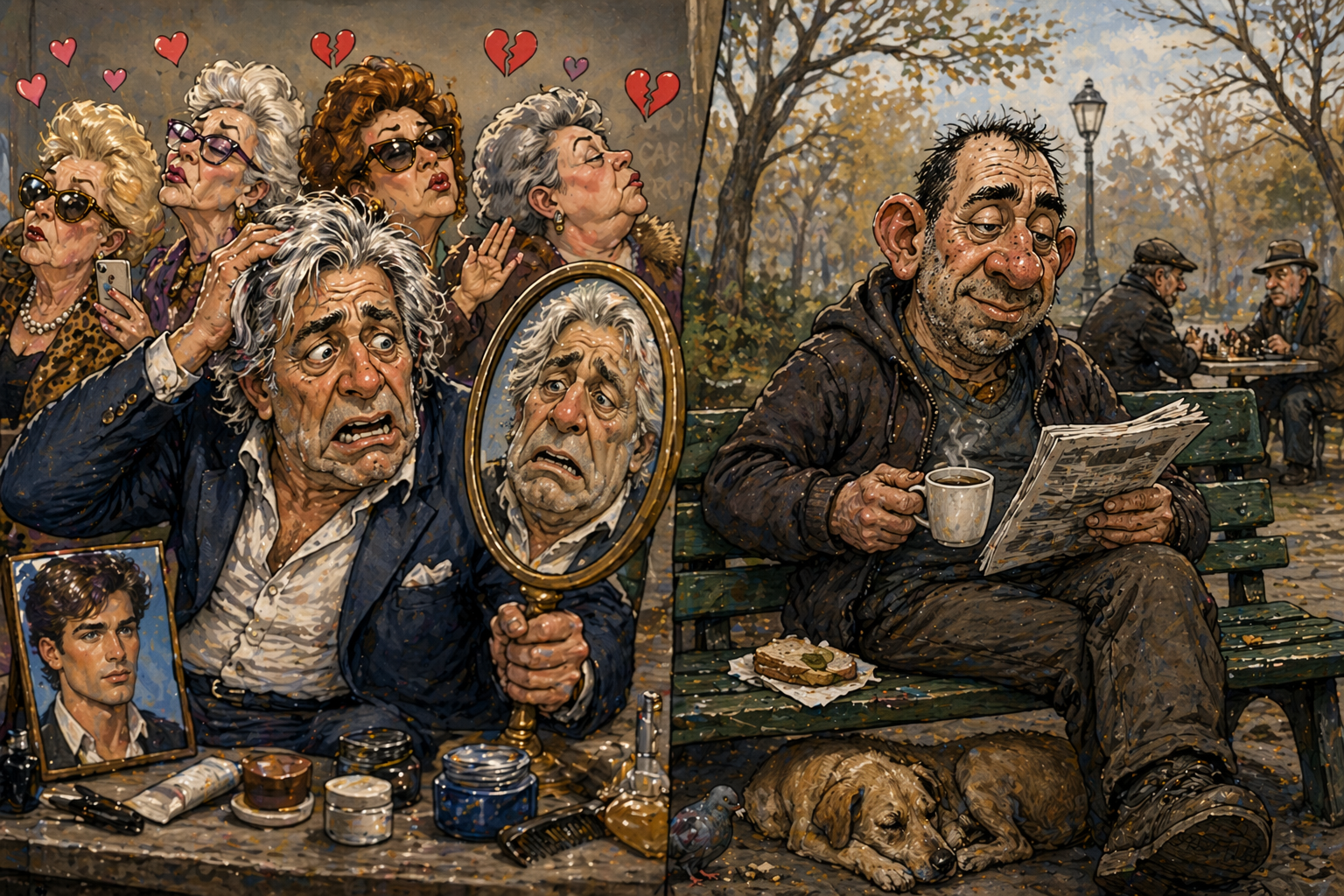 Caricatură cu cei doi la bătrânețe, unul dramatic și celălalt indiferent