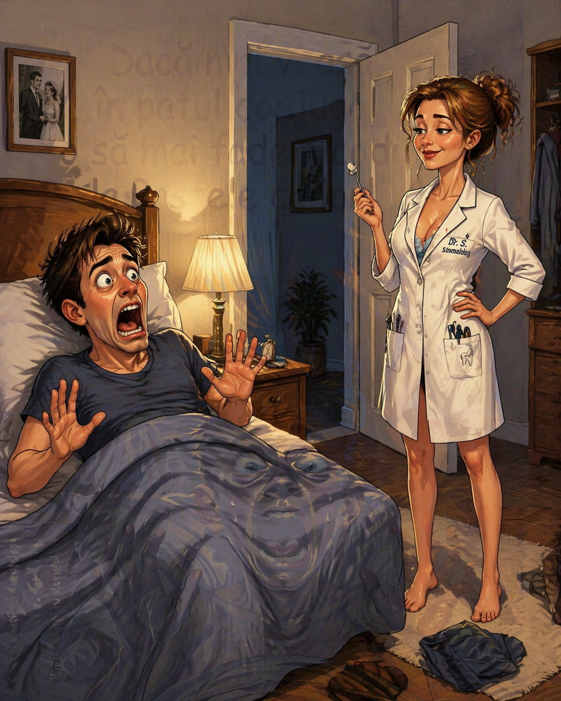 Caricatură cu soția stomatolog și soțul speriat într-o scenă comică