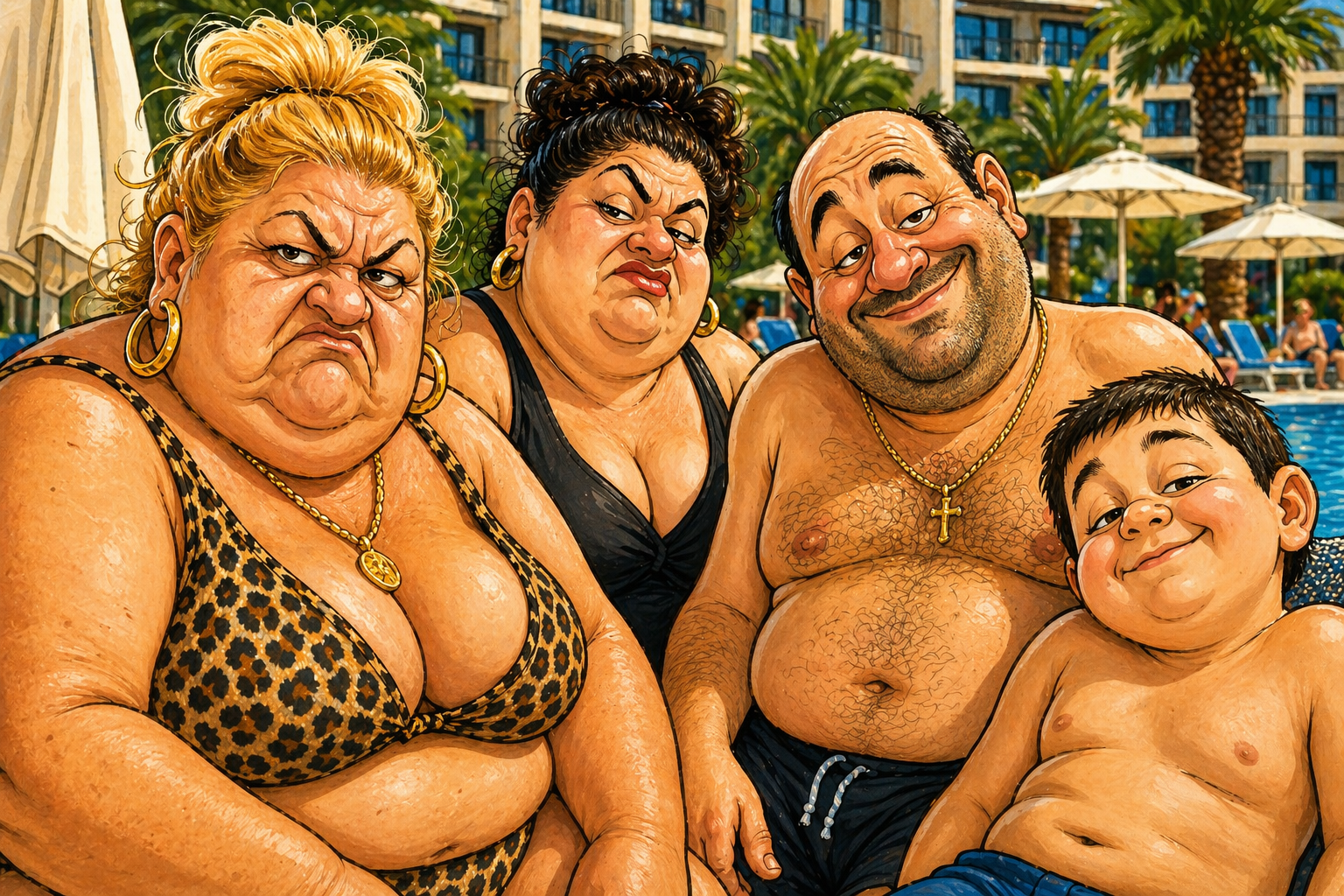 Caricatură cu cele două femei, bărbatul și copilul la piscină, într-o scenă comică și tensionată