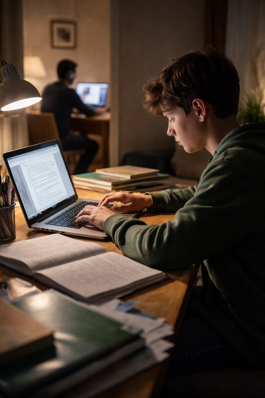 Copil la birou cu laptopul deschis, în timp ce un părinte lucrează de acasă în fundal