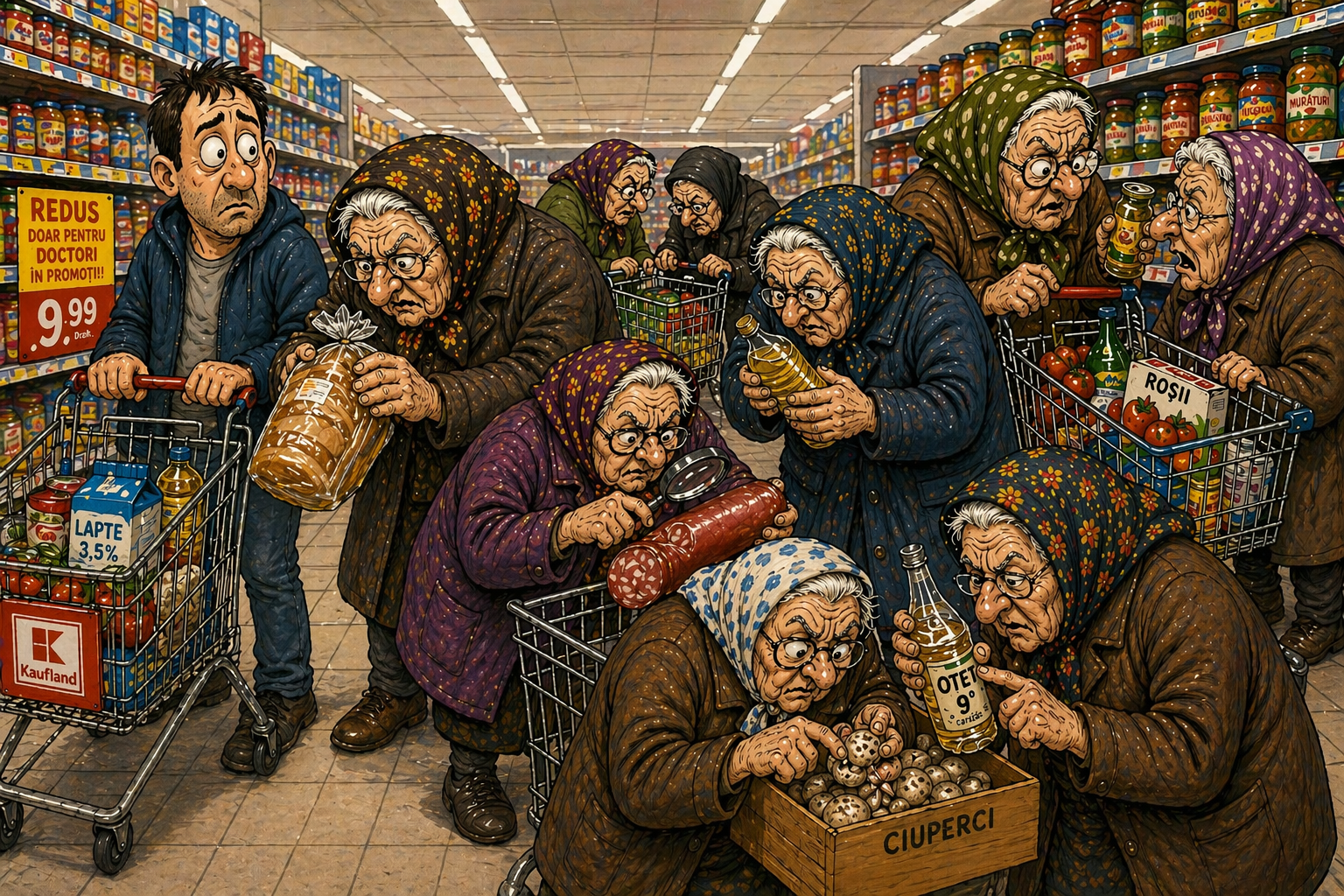 Caricatură cu bătrâne într-un supermarket care controlează atent produsele de pe raft