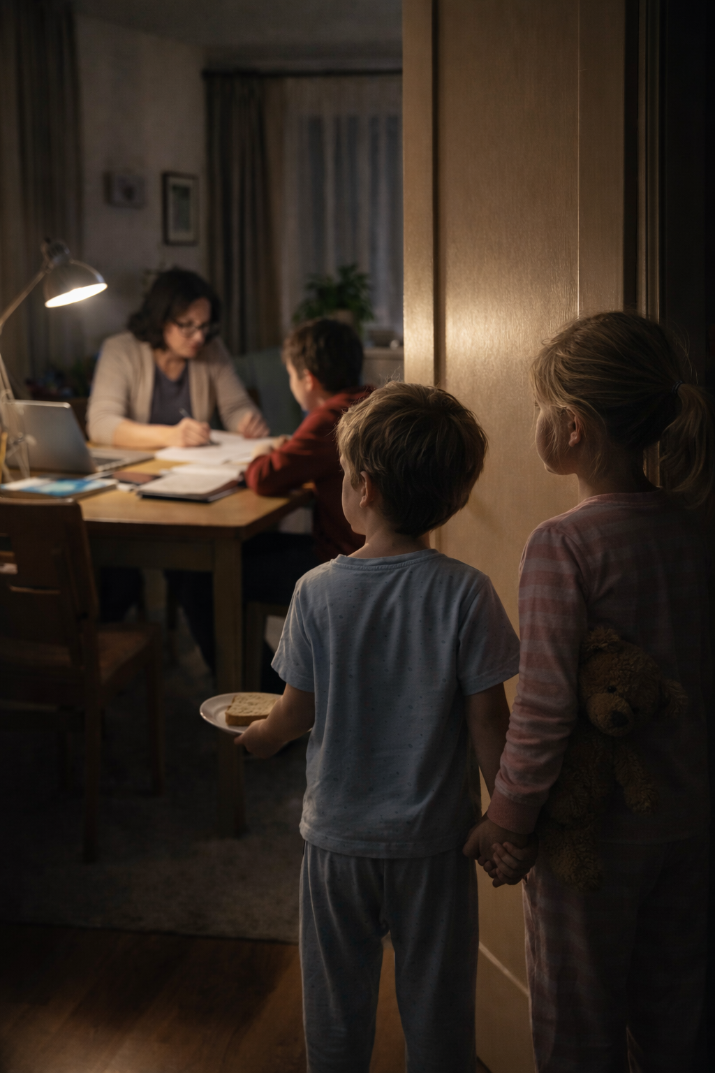 Copiii unei profesoare stau la ușa întredeschisă în timp ce mama lor face meditații cu alt copil