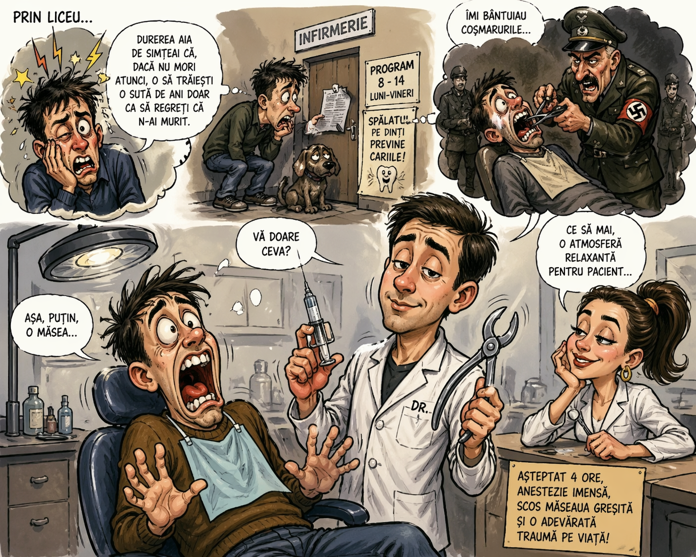 Caricatură cu tânărul speriat pe scaunul stomatologic și doctorul neatent