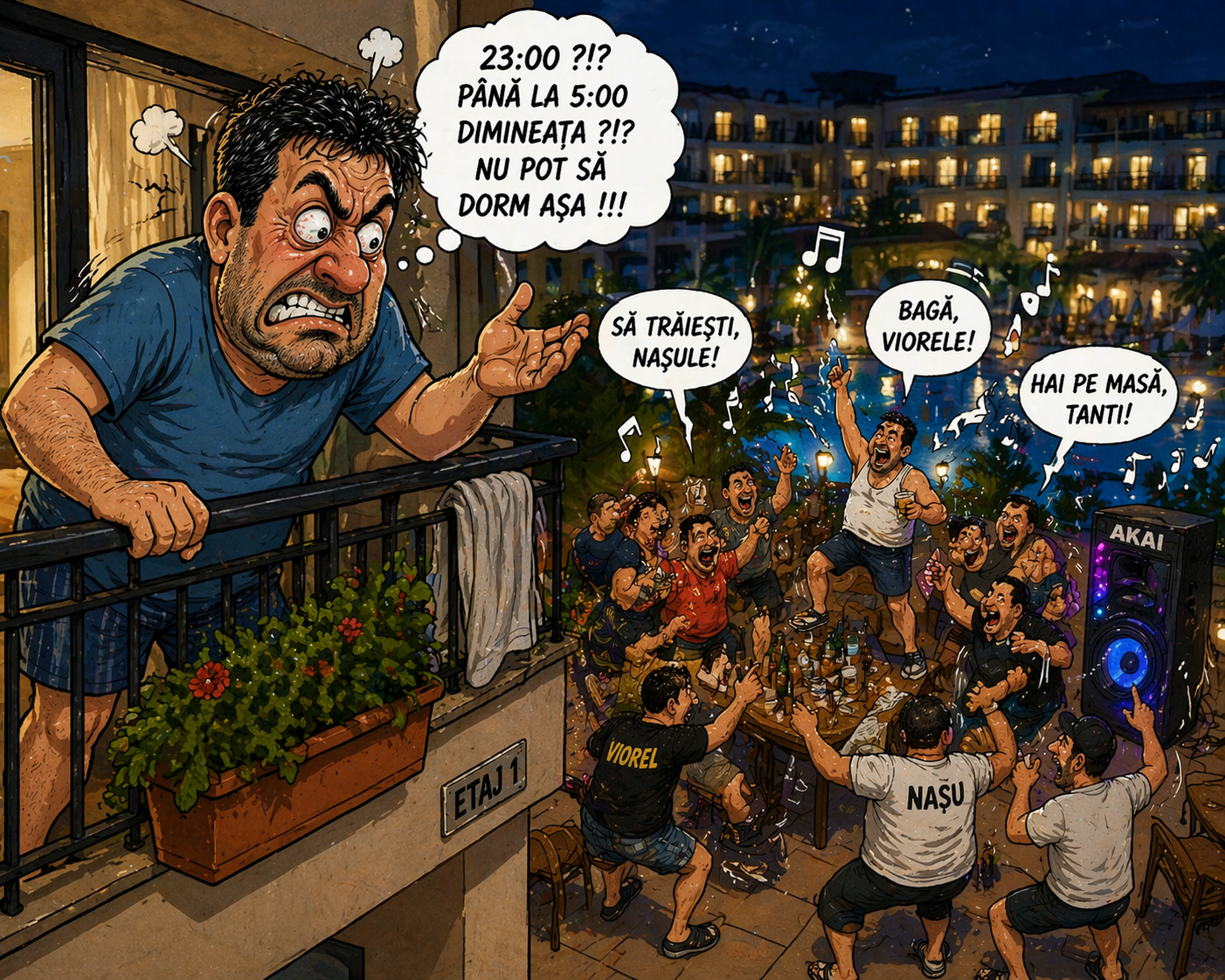 Caricatură cu un bărbat exasperat la balcon și cu petrecerea zgomotoasă de pe terasa hotelului, noaptea