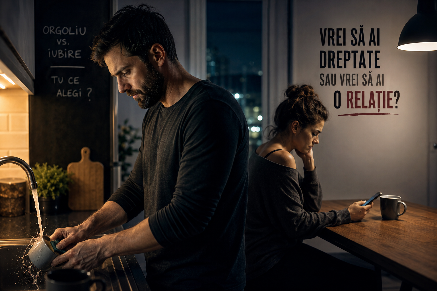 Doi oameni într-o relație tensionată, despărțiți de orgoliu