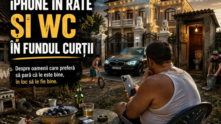 Bărbat cu iPhone în mână, în fața unei vile și a unui WC din fundul curții