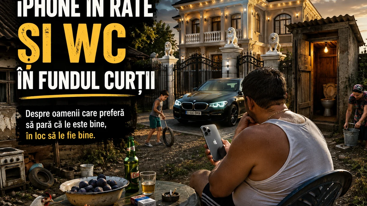 Bărbat cu iPhone în mână, în fața unei vile și a unui WC din fundul curții