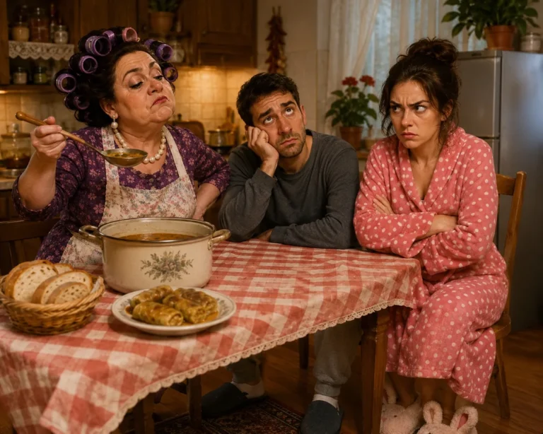 Soacră ironică într-o scenă de familie, inspirată de articolul Soacră, soacră, poamă acră