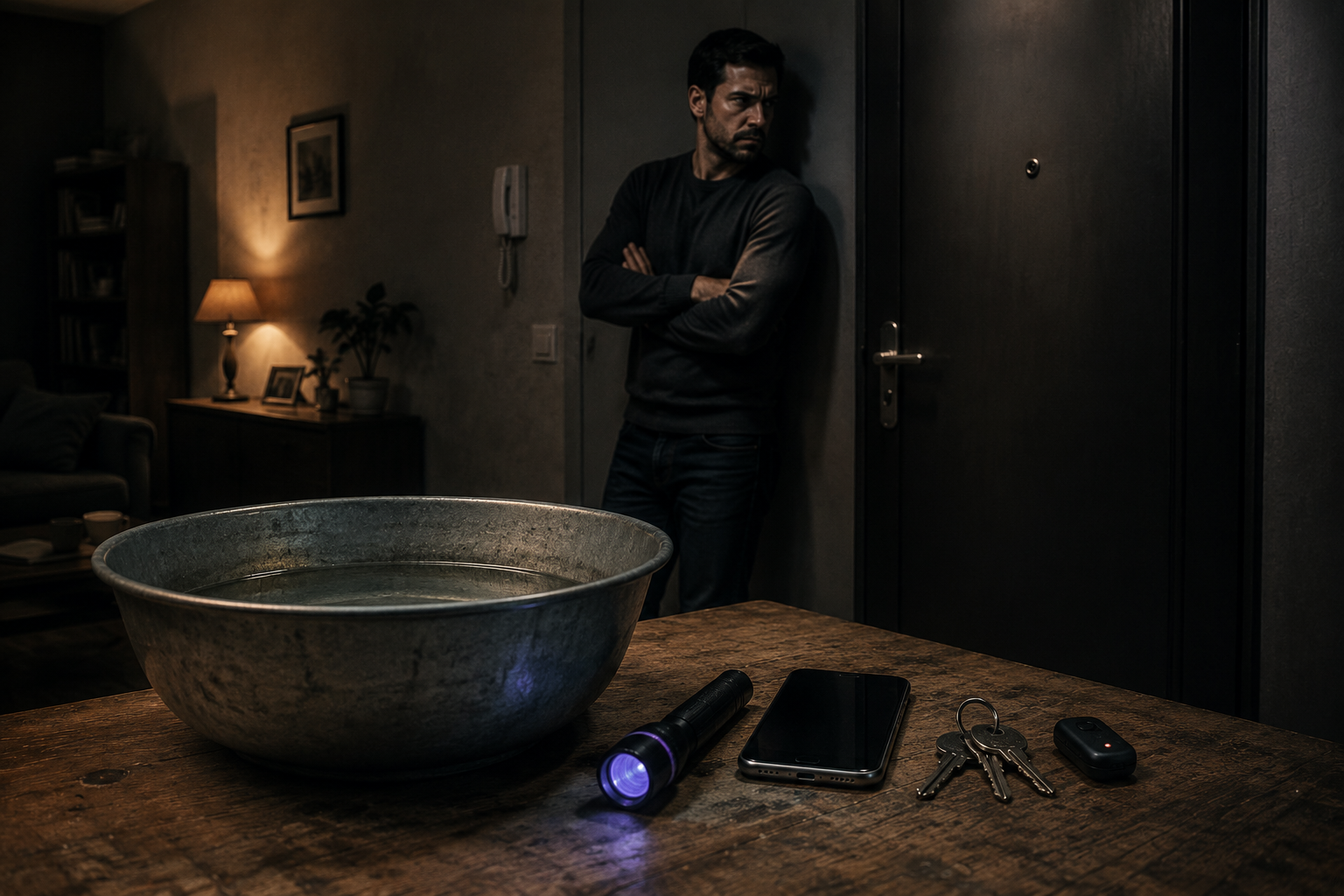 Un bărbat stă lângă ușă, într-un apartament slab luminat, iar pe masă se află un lighean, o lanternă UV, un telefon, chei și un dispozitiv de urmărire.