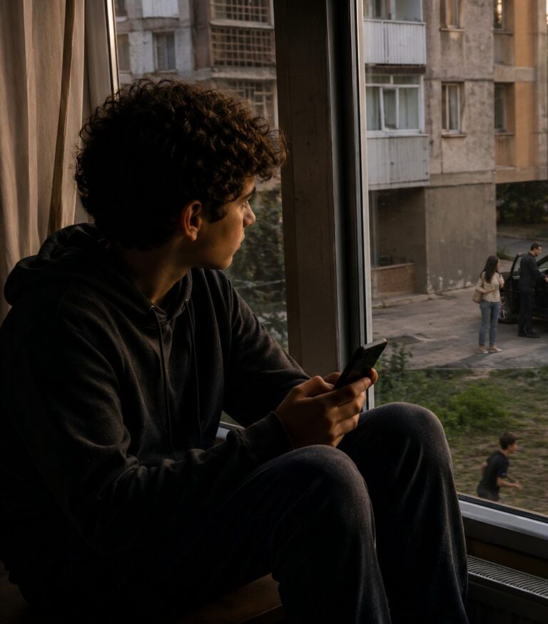 Copil de 13 ani cu telefonul în mână, privind de la geam copiii care joacă fotbal și familia tatălui plecând cu mașina