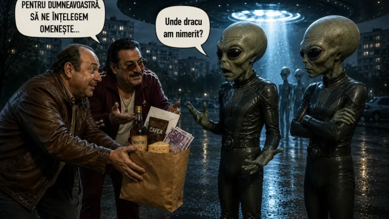 Doi bărbați încearcă să mituiască extratereștri cu o pungă cu cafea, whisky, brânză și bani