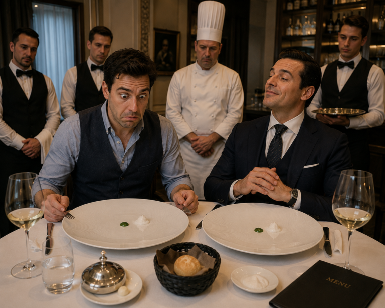 Scenă satirică într-un restaurant fine dining, cu farfurii imense aproape goale și reacția uimită a unui bărbat îmbrăcat casual