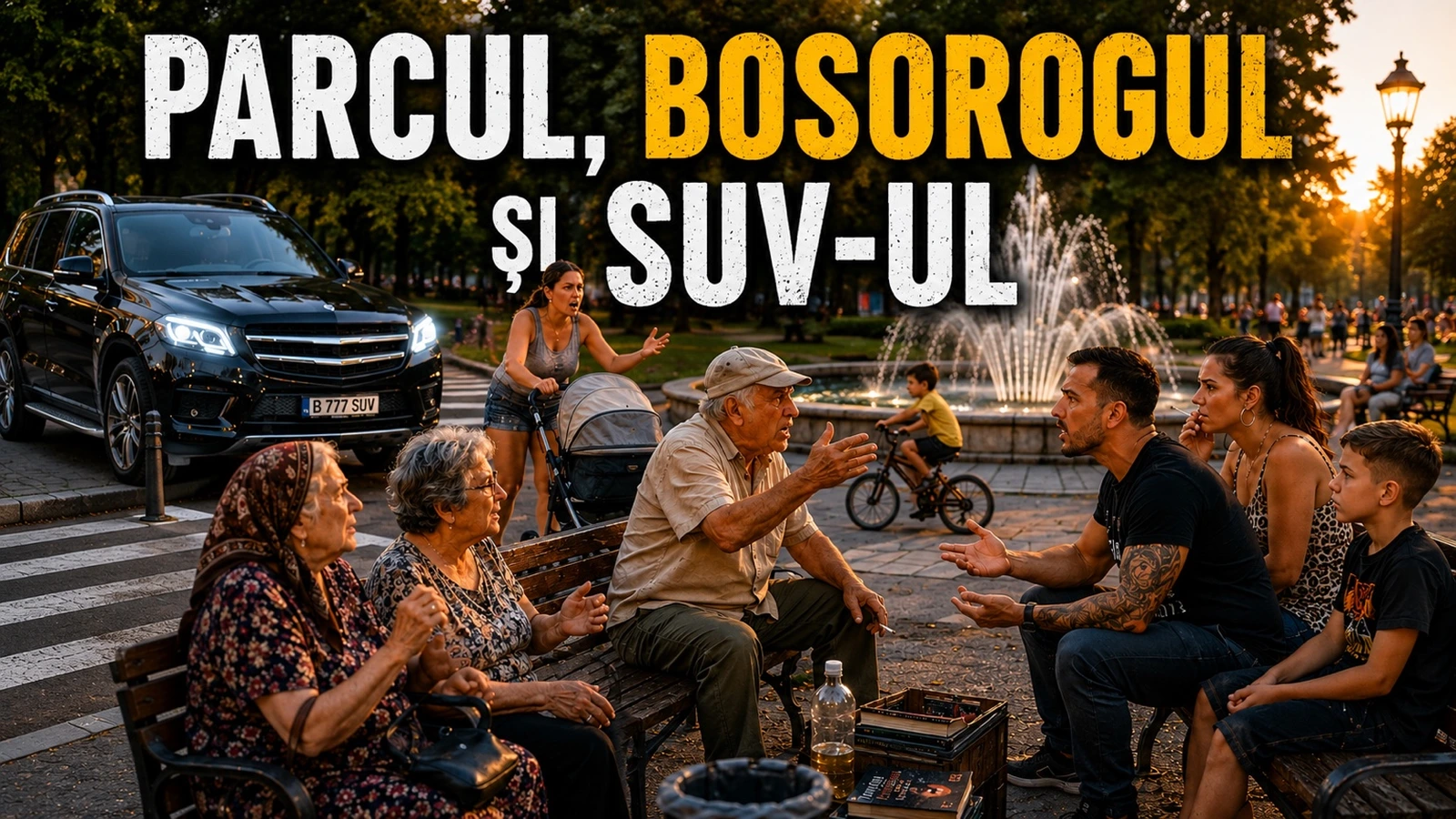Bărbat și bătrân certându-se pe o bancă într-un parc, lângă un SUV parcat neregulamentar și o fântână arteziană.