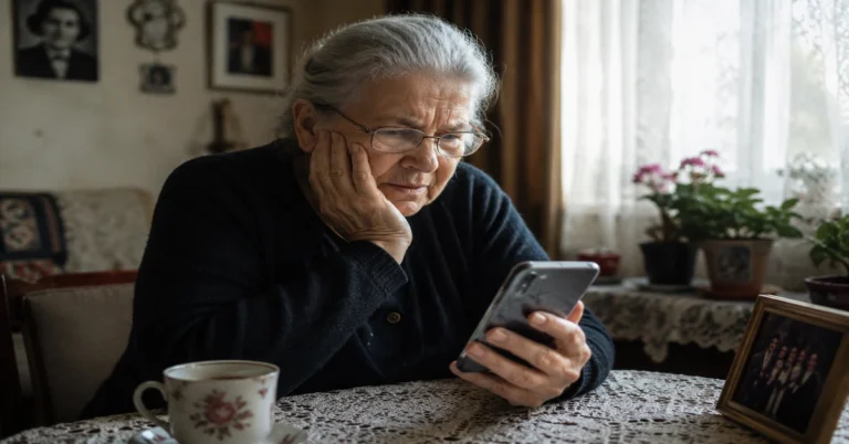 Femeie în vârstă privind telefonul mobil într-o cameră, simbol al singurătății și al influenței internetului asupra seniorilor