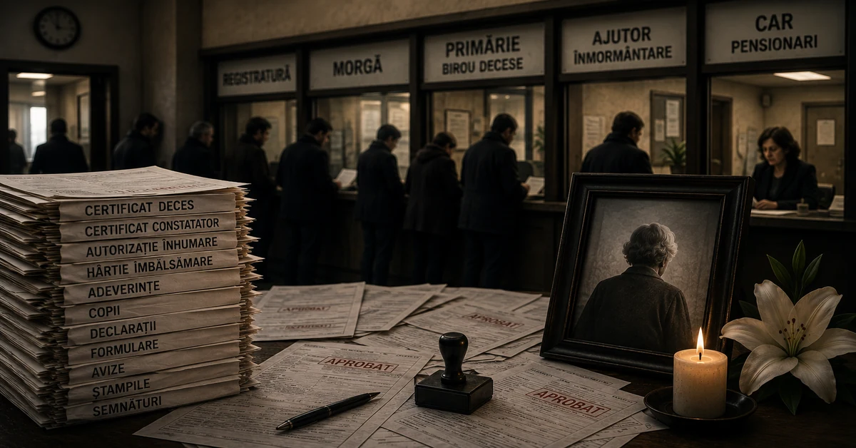 Birocrația din România după un deces: hârtii, ghișee și drumuri între spital, morgă și primărie.