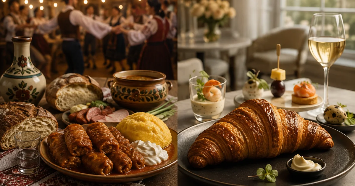 Sarmale și croasant pe aceeași masă, contrast între mâncare tradițională și fine dining